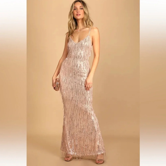 LULUS Endless Festivities Rose Gold Sequin Fringe Lace-Up Maxi Dress Formal Gown - Picture 1 of 13